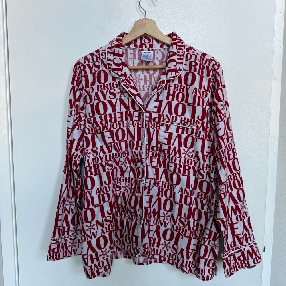 Lands' End Long Sleeve Flannel Christmas Pajama Top Button-Up - Picture 2 of 5
